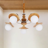 Lámpara de araña moderna de madera con diseño acampanado, kit de iluminación colgante para restaurante de 5 bombillas y pantalla de cristal color crema